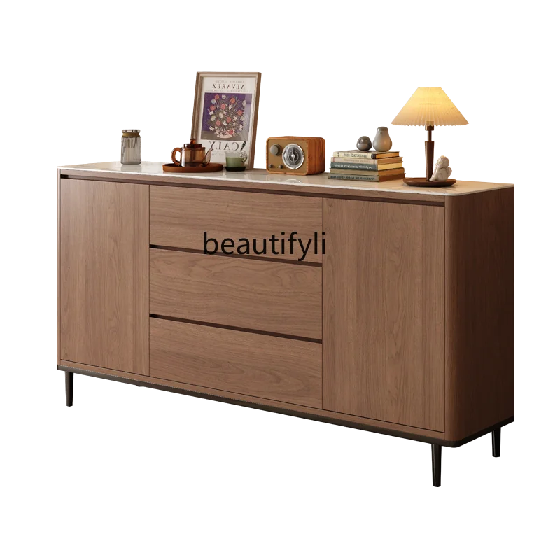 

Nordic Walnut Color Solid Wood Sideboard Modern Minimalist Chic Style Minimalist Home Living Room Storage Tea Cabinet