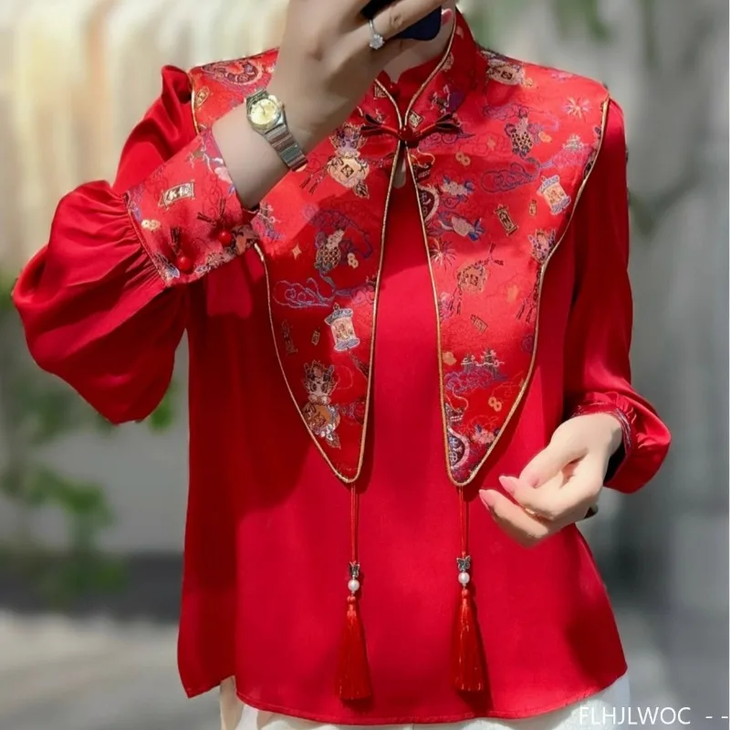 New Year Christmas Red Chi-pao Collar Design Tops Blouses Woman New 2024 Long Sleeve Autumn Retro Vintage Button Basic Shirts