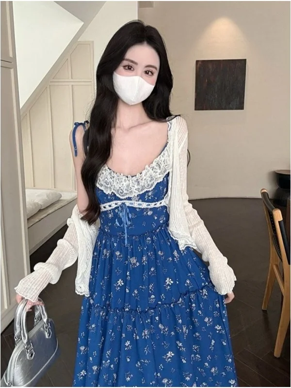 

Summer Holiday Beach Blue Floral Lace Shoulder Bared Strap Long Dress Women's Complete Set up Matching Outfit Long Sleeve Top