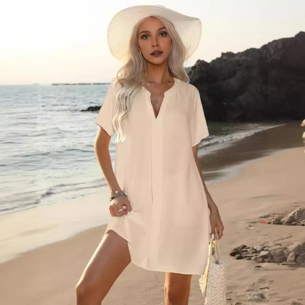 

Women Shirt Dress V-Neck Short Sleeve Midi Shirt Dress Casual Solid Color Loose Fit Blouse Top Beach Cover-Up For Vacation