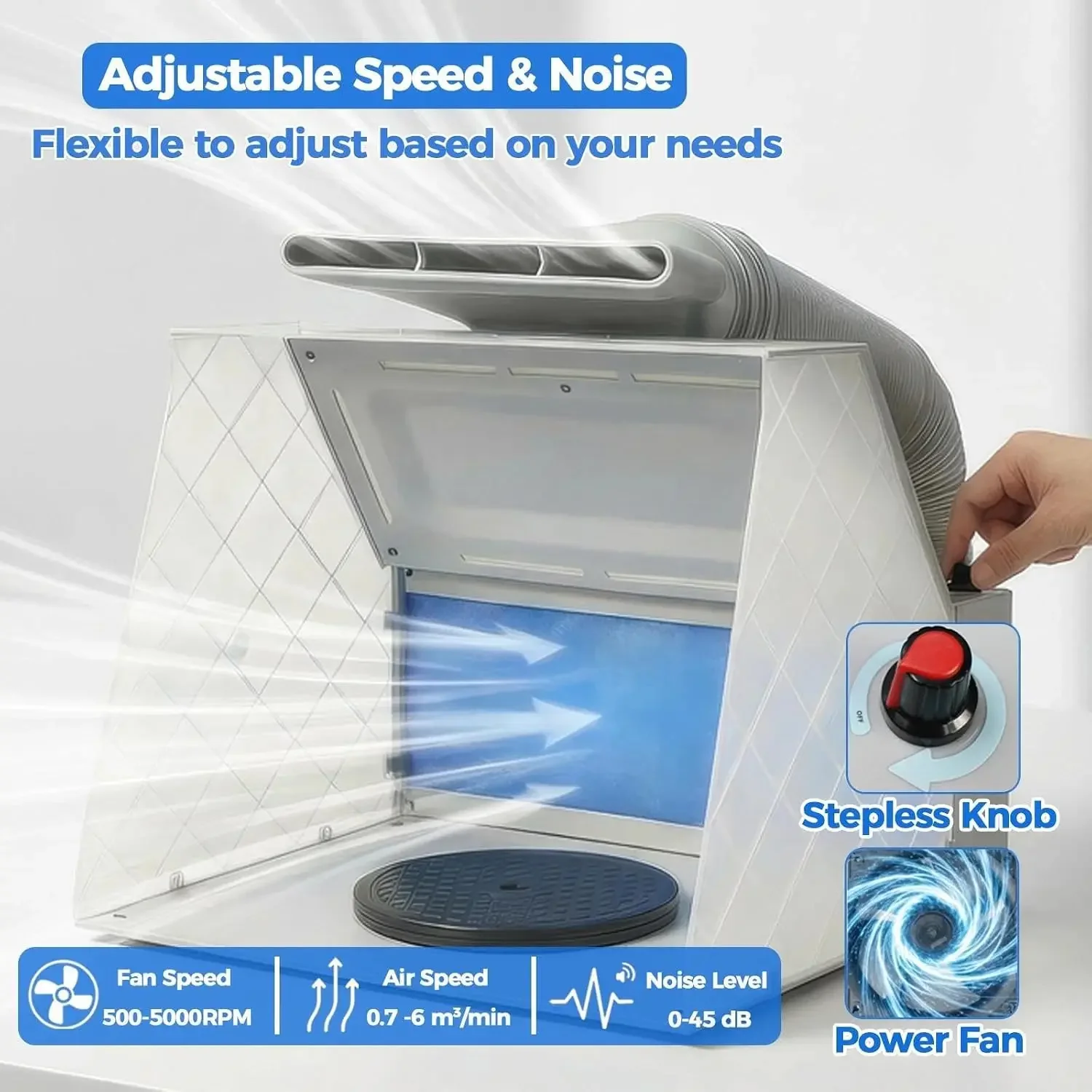 Airbrush Spray Booth with Adjustable Fan, LED Lights for Models | 180 CFM adjustable fan with 2-layer filter, COB LED lights