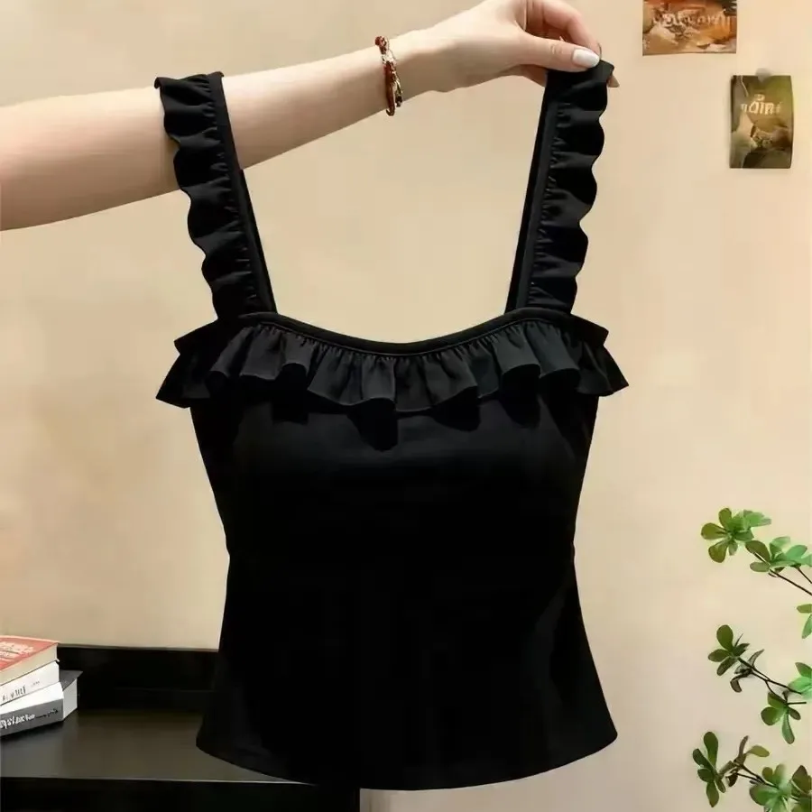 Elegant Wooden  Collarless Tank Top Women's Summer Slim Fit Sleeveless Black Sexy Girl's Top Cotton Spandex Blend