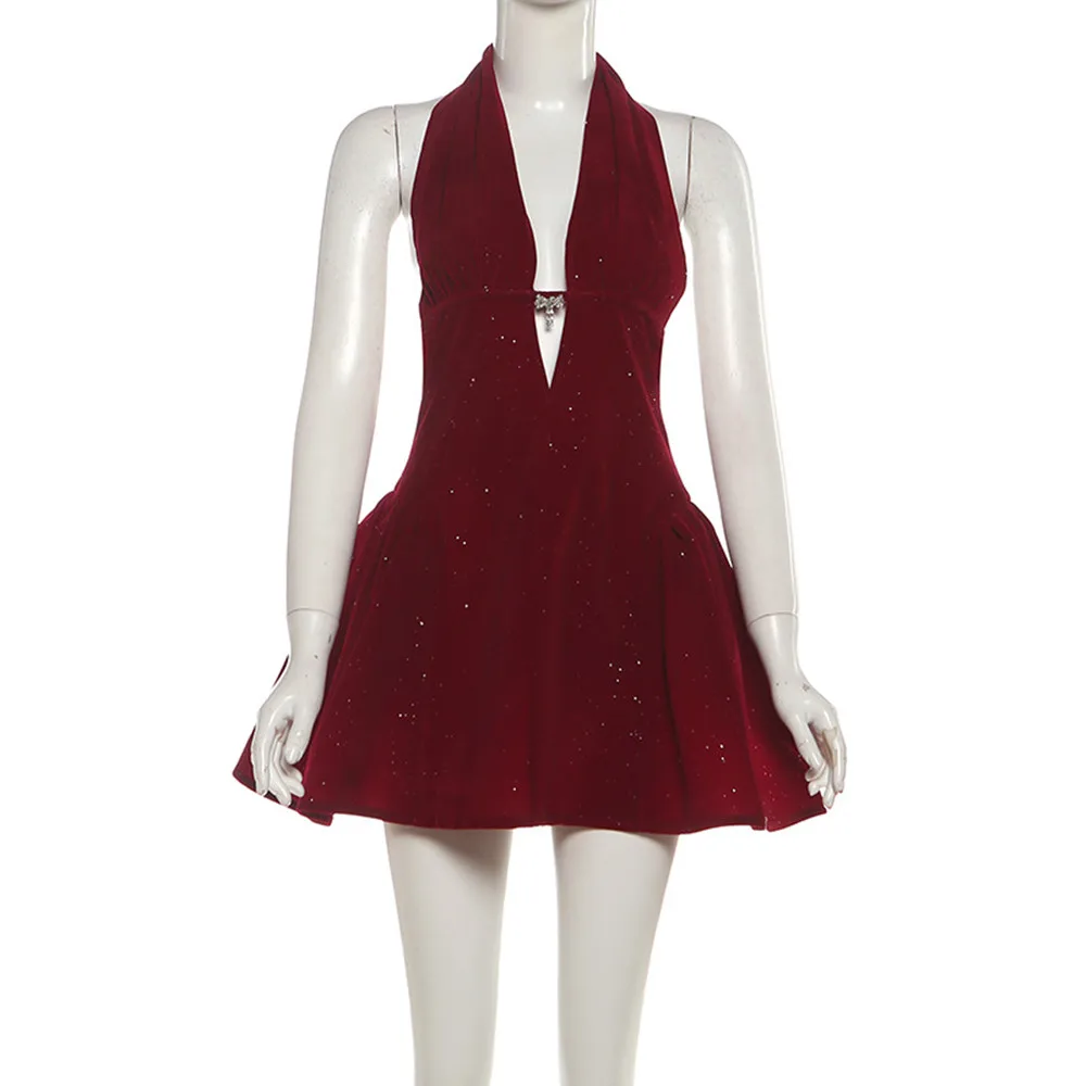 SKMY 2026 Winter Neue Frauen Kleidung Neckholder Tiefem V Glitter Abnehmen A-Line Kurze Kleider Party Clubwear Ärmelloses Kleid