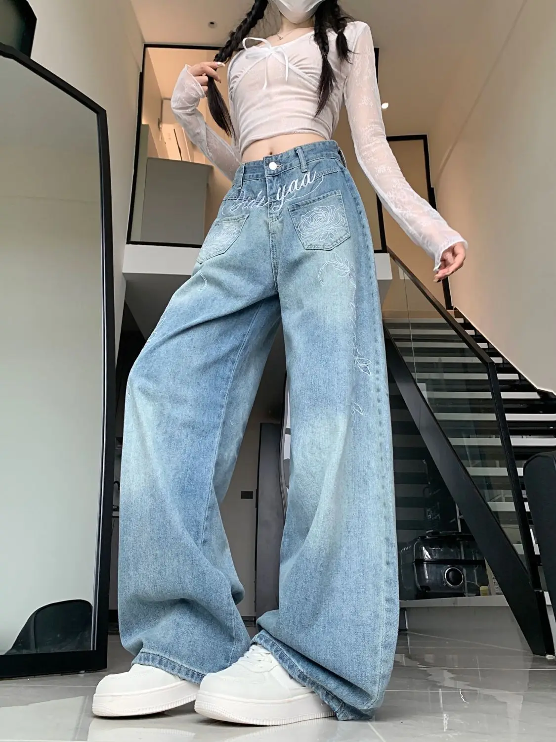 

Women's Jeans Alphabet Pattern Design Design Hip Hop Vintage Autumn Girl Wide Leg Streetwear Trouser Female Casual Denim Pants