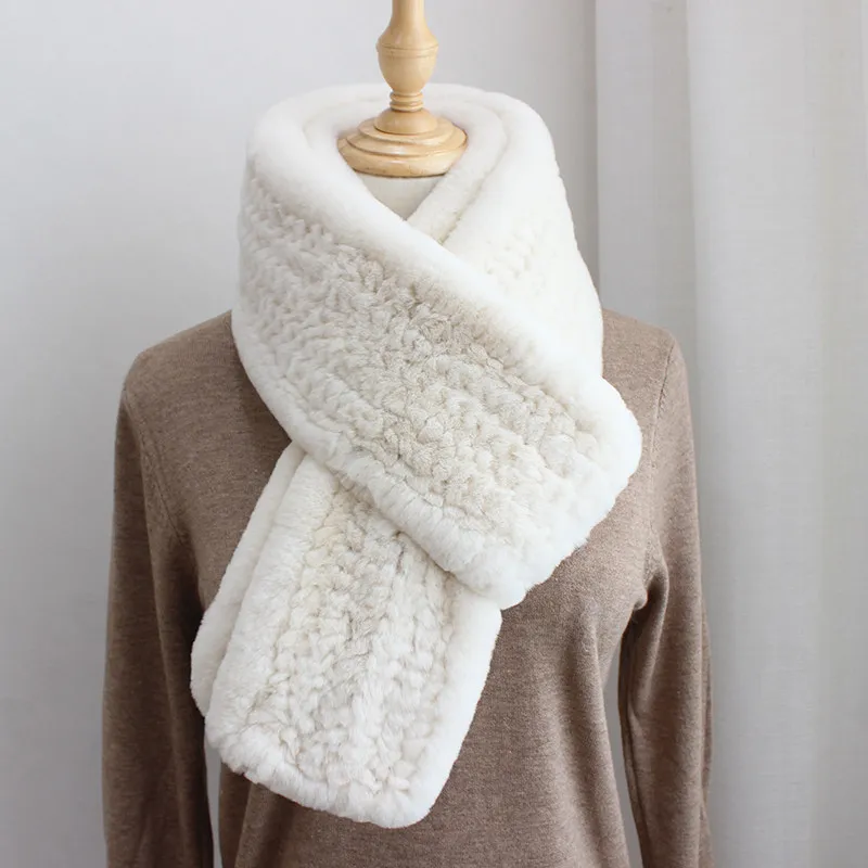 Real Rex Rabbit Womens Double Sided Fur Knit Scarf Fashion Winter Long Scarf Plush Accessory For Women Warm And Thickened Scarf