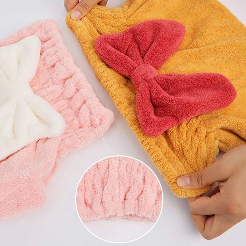 Coral Velvet Hair Drying Towels Super Absorbent Turban Hair Towel Cap Quick Dry Head Wrap Bow-Knot Shower Cap For Wet Hair