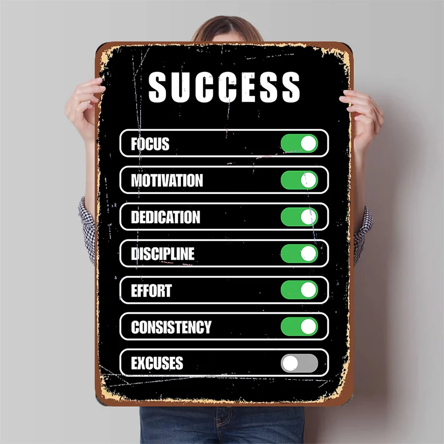 Success Motivational Metal Wall Art with Focus Motivation Dedication Discipline Effort Consistency Switches