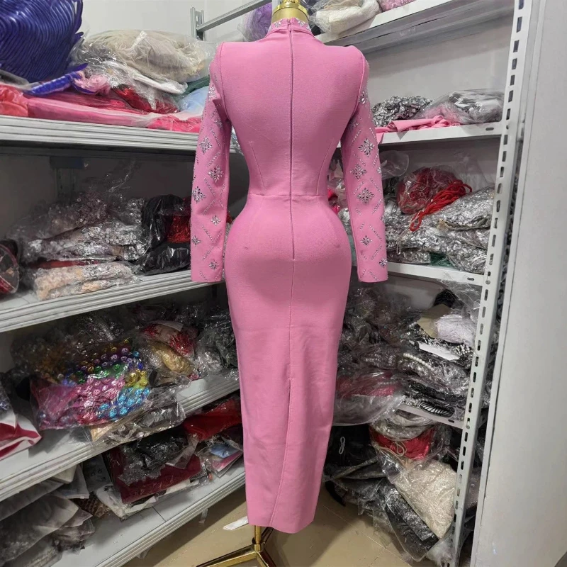 فستان نسائي أنيق مطرز بحجر الراين برقبة عالية وأكمام طويلة ملابس ضيقة للمشاهير فساتين الحفلات المسائية