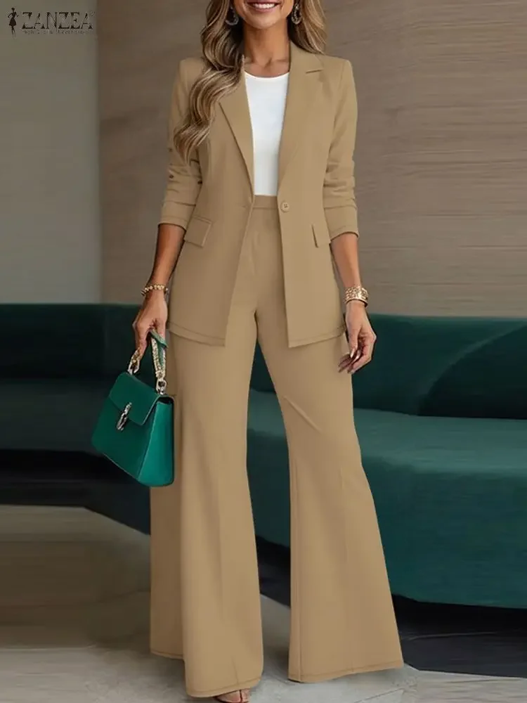 

ZANZEA 2026 Весенне-осенняя женская одежда Офисные комплекты из 2 предметов Элегантный пиджак с длинными рукавами и брюками Модный однотонный рабочий спортивный костюм