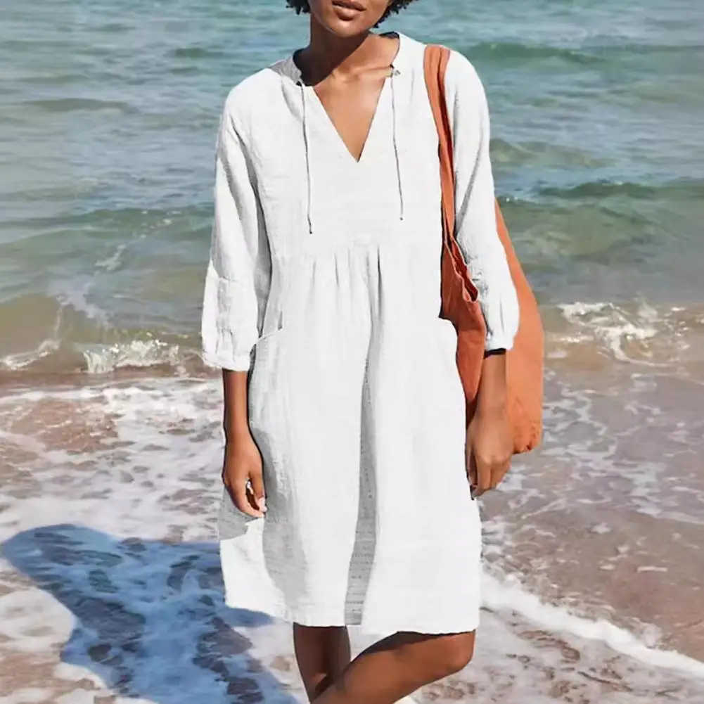 

Women Beach Dress Retro Style V-neck Dress Elegant Knee-length Midi Dress with Drawstring Waist V-neck for Women A-line for Wear