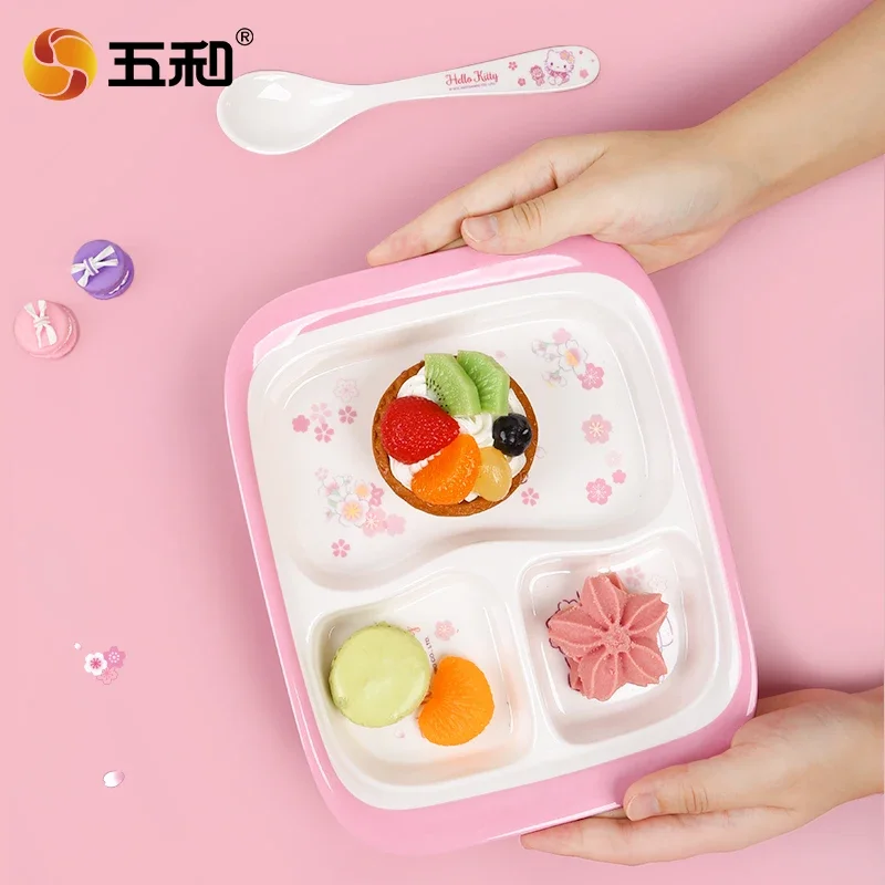 زهر الكرز مرحبا كيتي أدوات مائدة للأطفال لطيف الكرتون الطعام لوحة BPA الحرة الاطفال كوب ماء السلطانية مقسمة لوحات ملاعق هدية #3