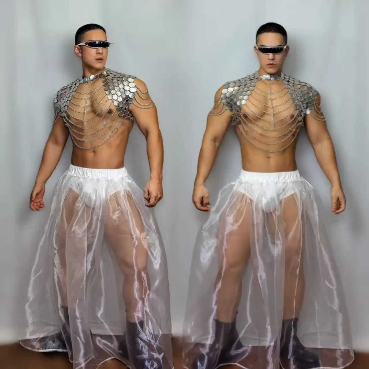 Sexy Futuristic Style Cosplay Costume Metal Chain Tops Set Male DJ Singer Clubwear Stage Wear Carnival Rave Performance Clothes - view 4