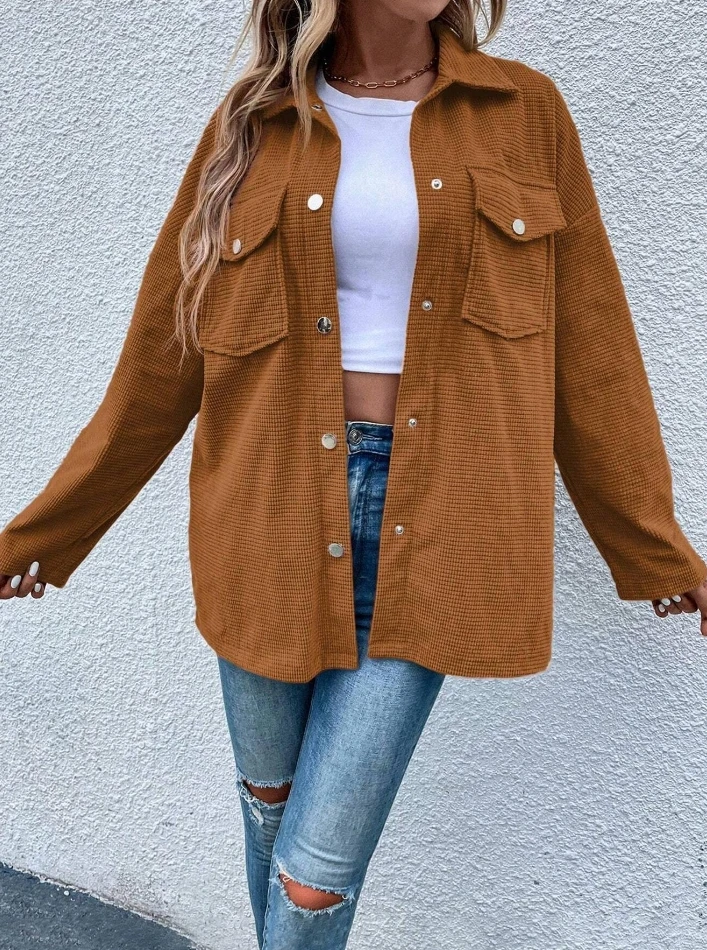 Women\'s Winter Jacket Retro Casual Corduroy Solid Color Loose Casual Lapel Long Sleeve Single Breasted Pocket Daily Shirt Jacket