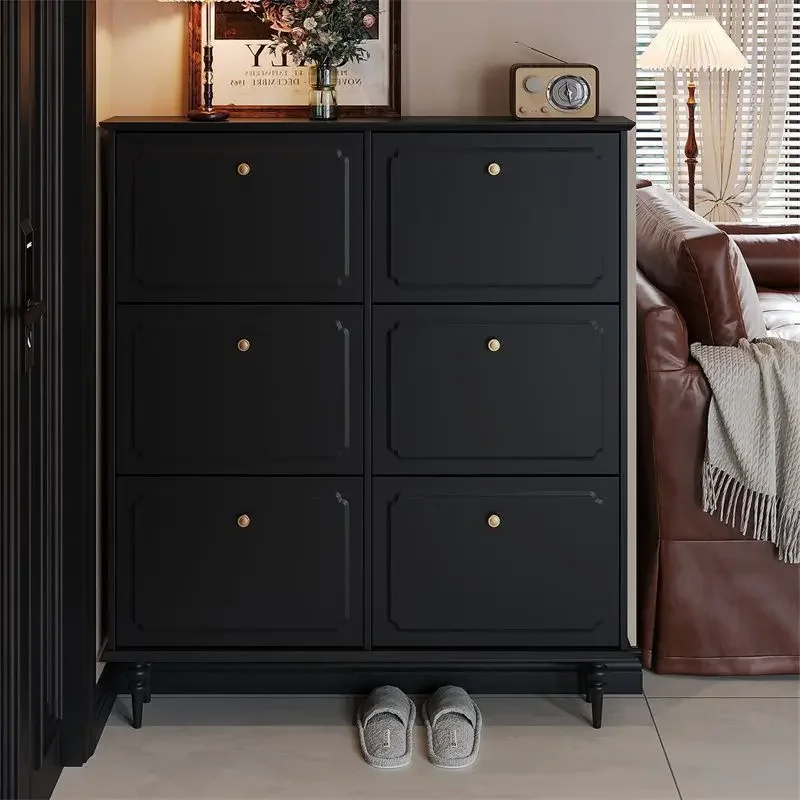 style flip bucket shoe cabinet, retro narrow shoe cabinet at home entrance, small household size, black shoe cabinet up