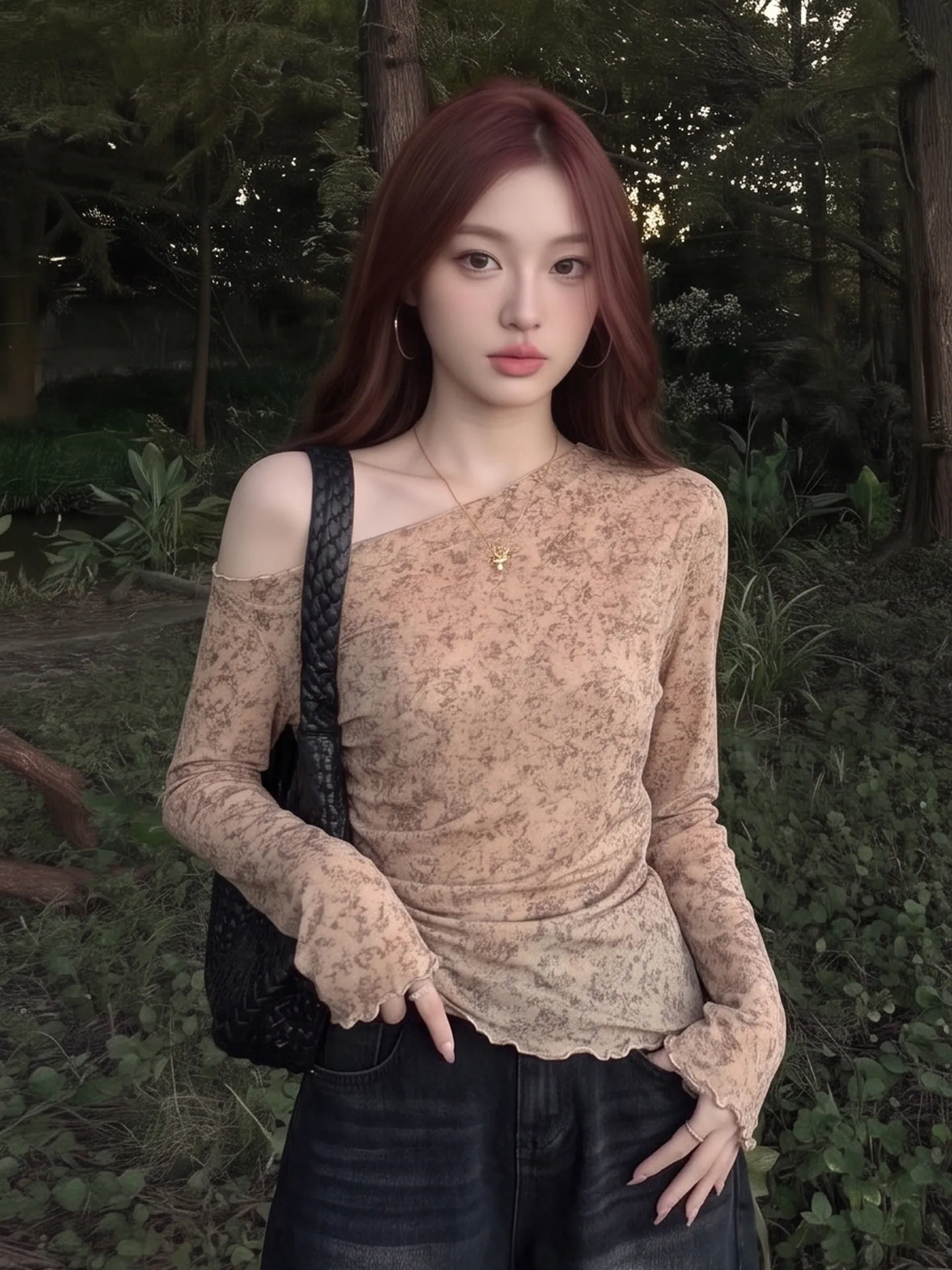 Retro Printed Gradient Long Sleeve Shoulder Bared Bell T-Shirt Women's Slimming Asymmetrical Earlet  Top Citywalk Style