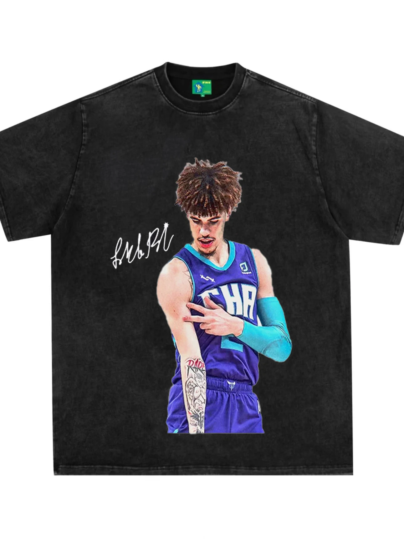 

2025 Three-Ball Ball Star American Retro Printed Round-neck Short-sleeved Washed Aged High Street Pure Cotton T-shirt