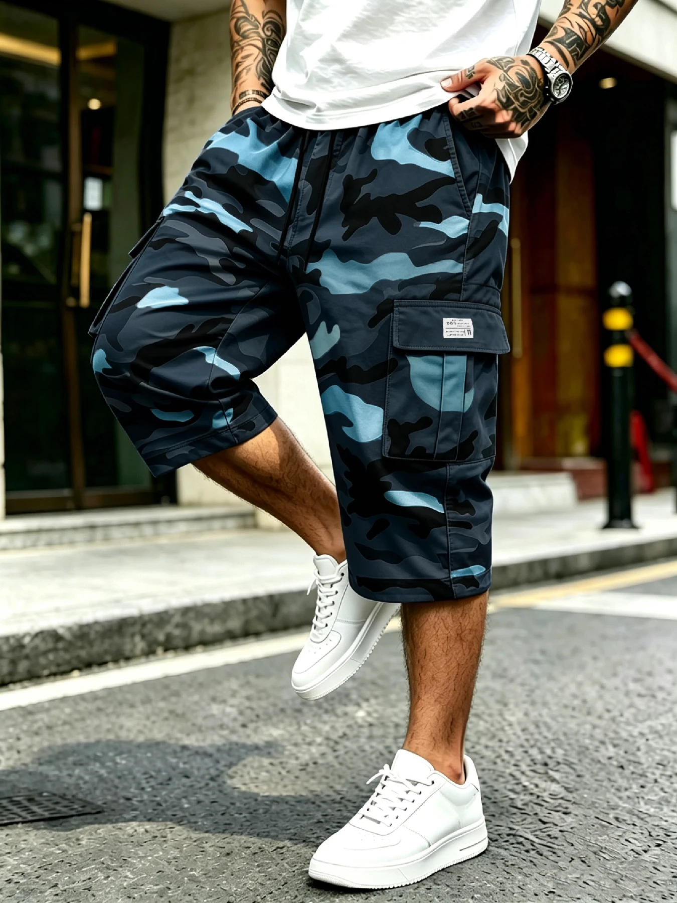 Amerikanische Streetwear-Cargo-Capri-Shorts für Herren, elastischer Kordelzug in der Taille mit mehreren 3D-Cargotaschen, lockere, gerade Passform für Al – Detail 13