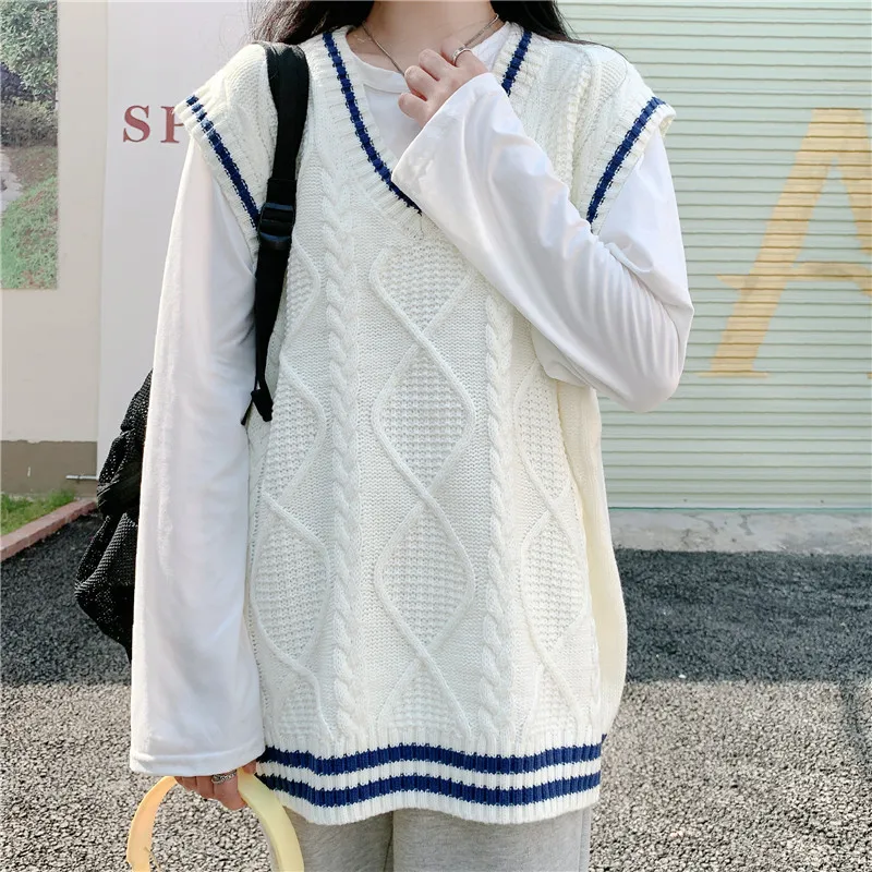 

V-neck Vest Sweater Vest for Women New Autumn Korean Style Loose Large Size Tops Sweater Preppy Style Casual Female Clothing