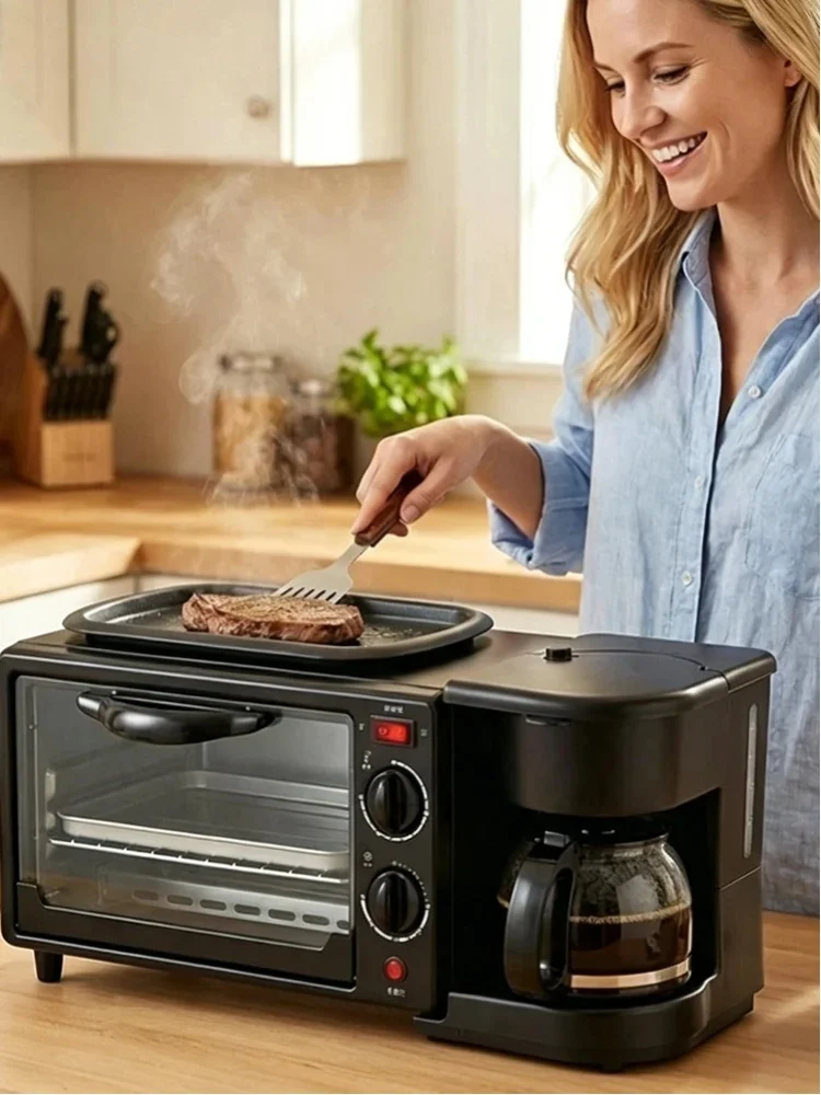 Multifunktionale Frühstücksmaschine 3-in-1 Frühstückszubereiter Kaffeemaschine, Frühstücksstation mit 600 ml Kaffeemaschine + 9 L Ofen + Bratpfanne, Toaster Frühstückszubereiter für Zuhause und Büro