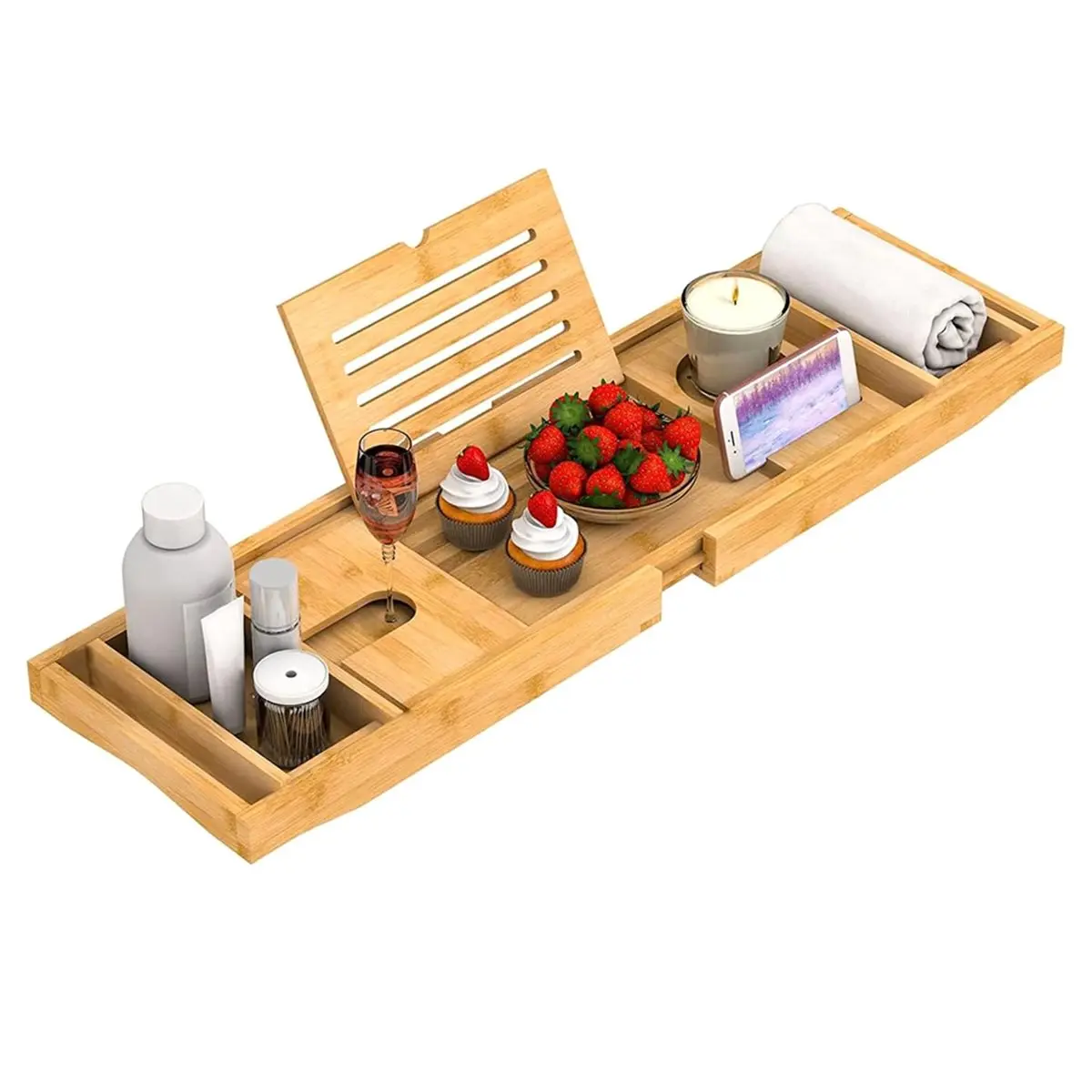 DT81 Bamboo Bath Tray - Extendable Bathtub Shelf with Tablet/Phone Slot, Candle/Cup Holder, Bathroom Storage Rack, Bath Tray