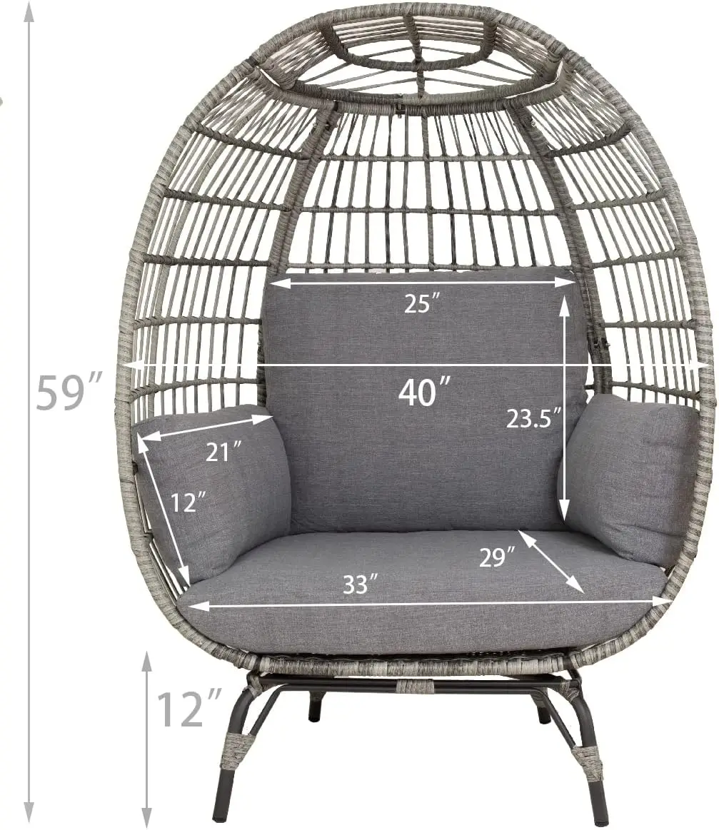 Oversized Egg Style Wicker Chair Canopy Stationary & Seat Cushions Patio Lounge Basket, Grey