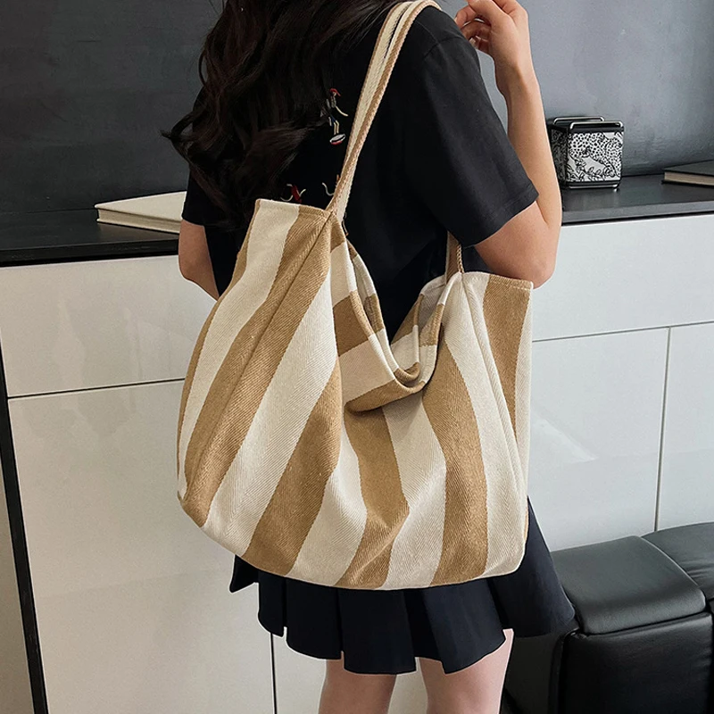 Sommerliche gestreifte Canvas-Tragetasche für Damen, lässig, große Kapazität, einfache Umhängetaschen, Einkaufshandtasche, tägliche Tragetasche – Detail 11