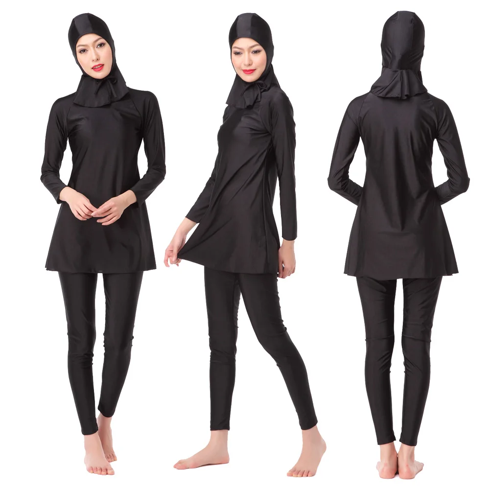 S-3XL Muslim Lady Solid Color Long Sleeves  Modest Swimming Clothing Arab Women 3 PCS Full Cover Swimsuits