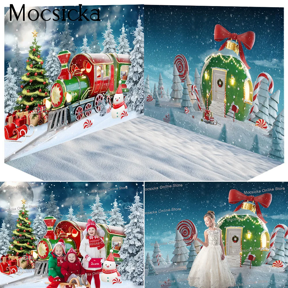 Winter Fairy Tale Cake Smash Backdrop Locomotive Candyland Snowy Night Christmas Children Birthday Portrait Background Studio