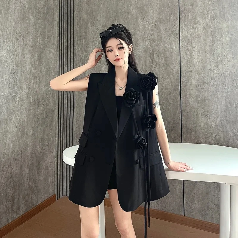 Black Heavy Industry Three-dimensional Flower Suit Vest Jacket Women's Summer Sleeveless Camisole, Layered Suit Top For Layering