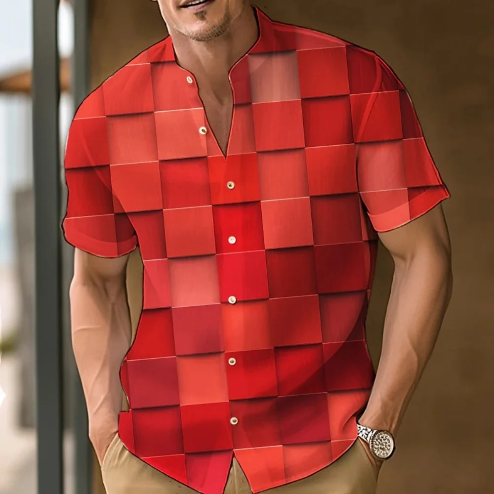

Men's 3D checkered printed shirt, stand up button up men's top, summer Hawaiian men's breathable and comfortable shirt