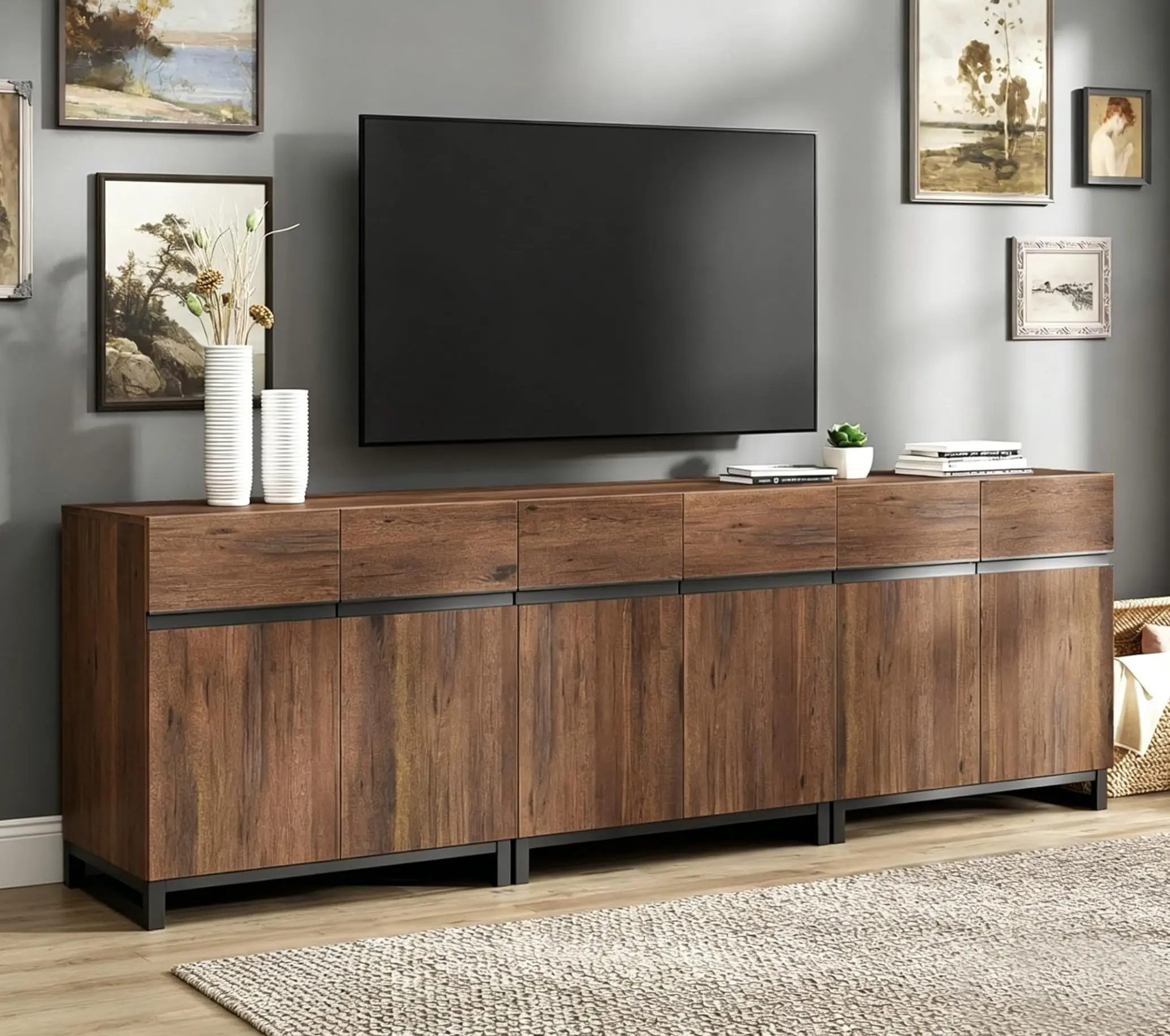 Modern TV Stand for TVs Up to 100 Inch, 3-in-1 Wood Entertainment Center with Adjustable Shelves & Protective Foot