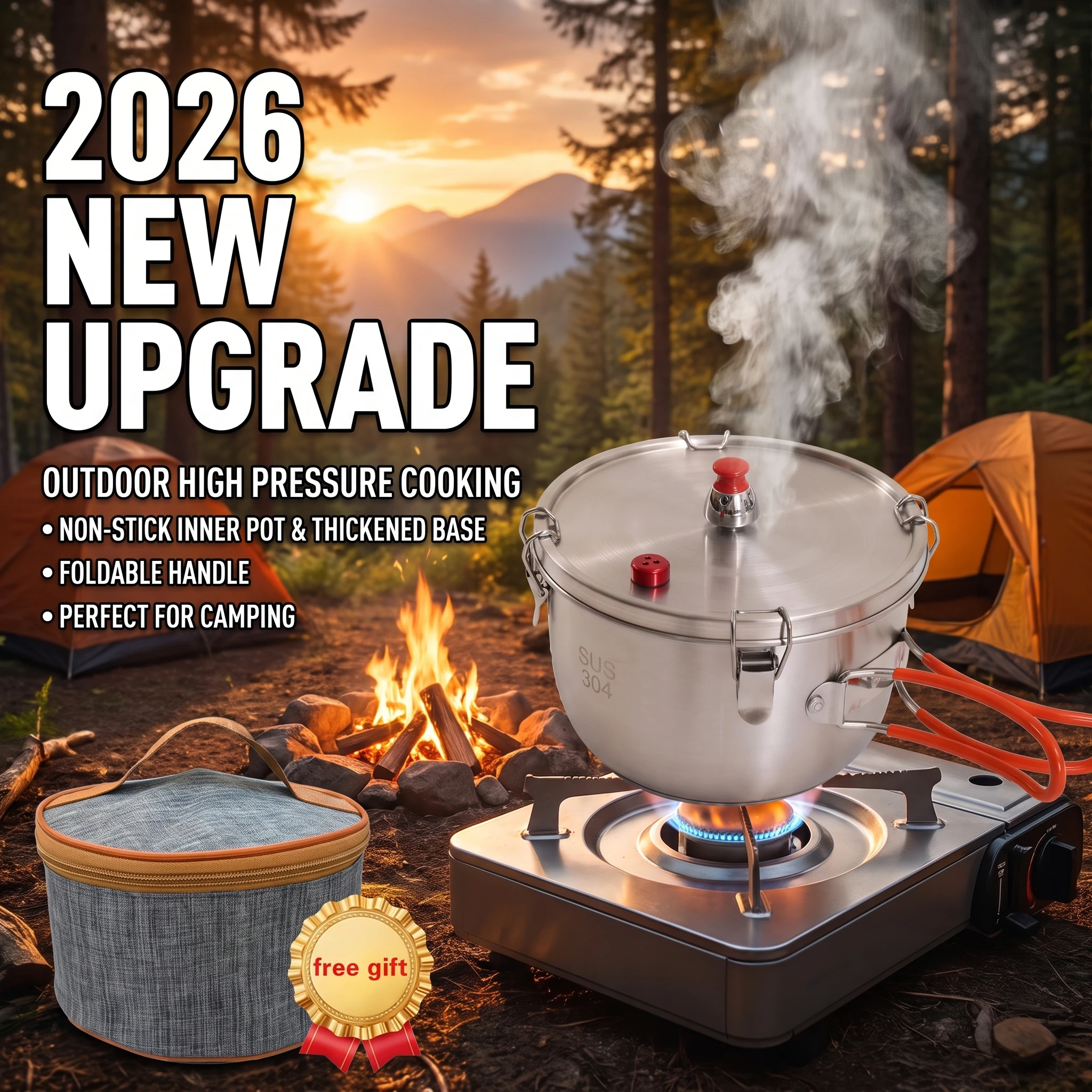 2026 New Upgrade Portable High Altitude Non-stick 304 Stainless Steel Micropressure Cooker Camping Cooking Pot Durable