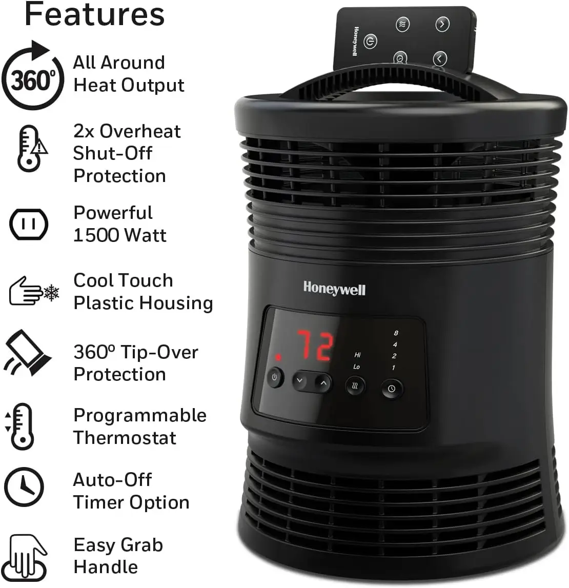 HHF370B 360 Degree Surround Fan Forced Heater with Surround Heat Output Charcoal Grey Energy Efficient Portable Heater