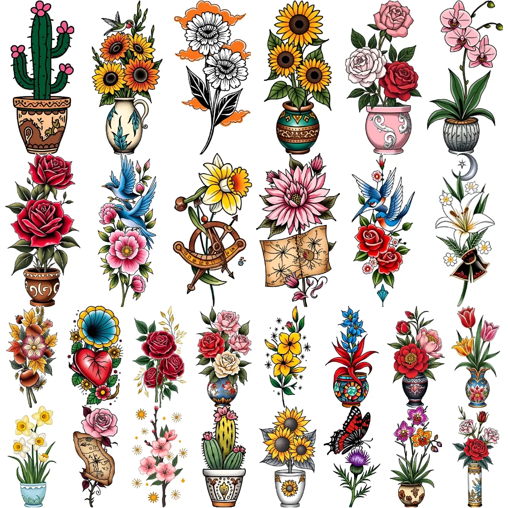 

28pcs Temporary Tattoo Heart And Flowers New School Traditional Blue Flowers Floral Bouquet Temporary Tattoo Stickers For