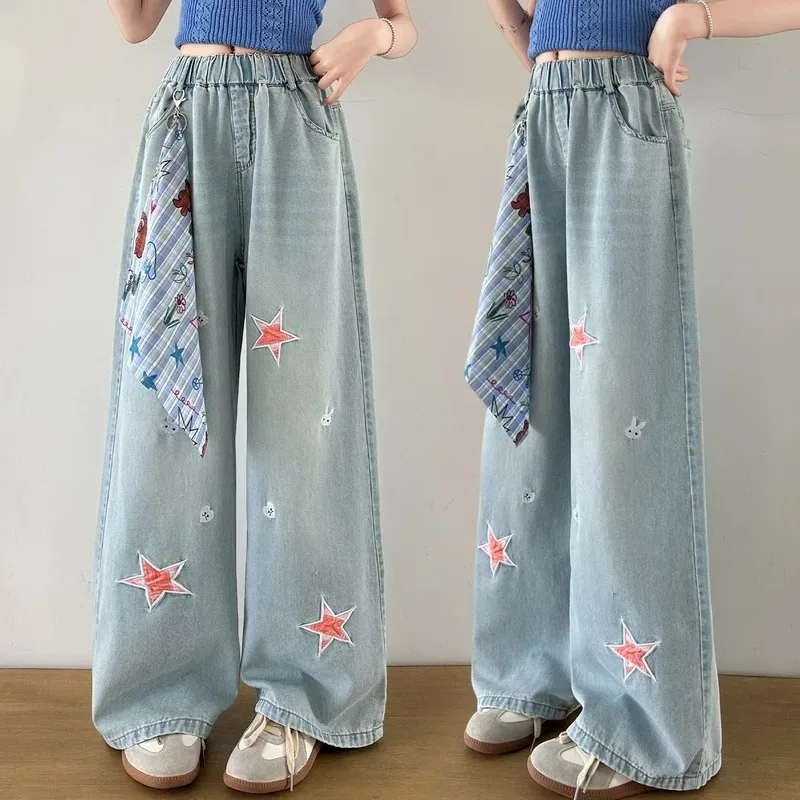 Teenage Girls New Trendy Jeans Five-Pointed Star Patch Children's Casual Korean Trousers Embroidery Design Wide Leg Denim Pants