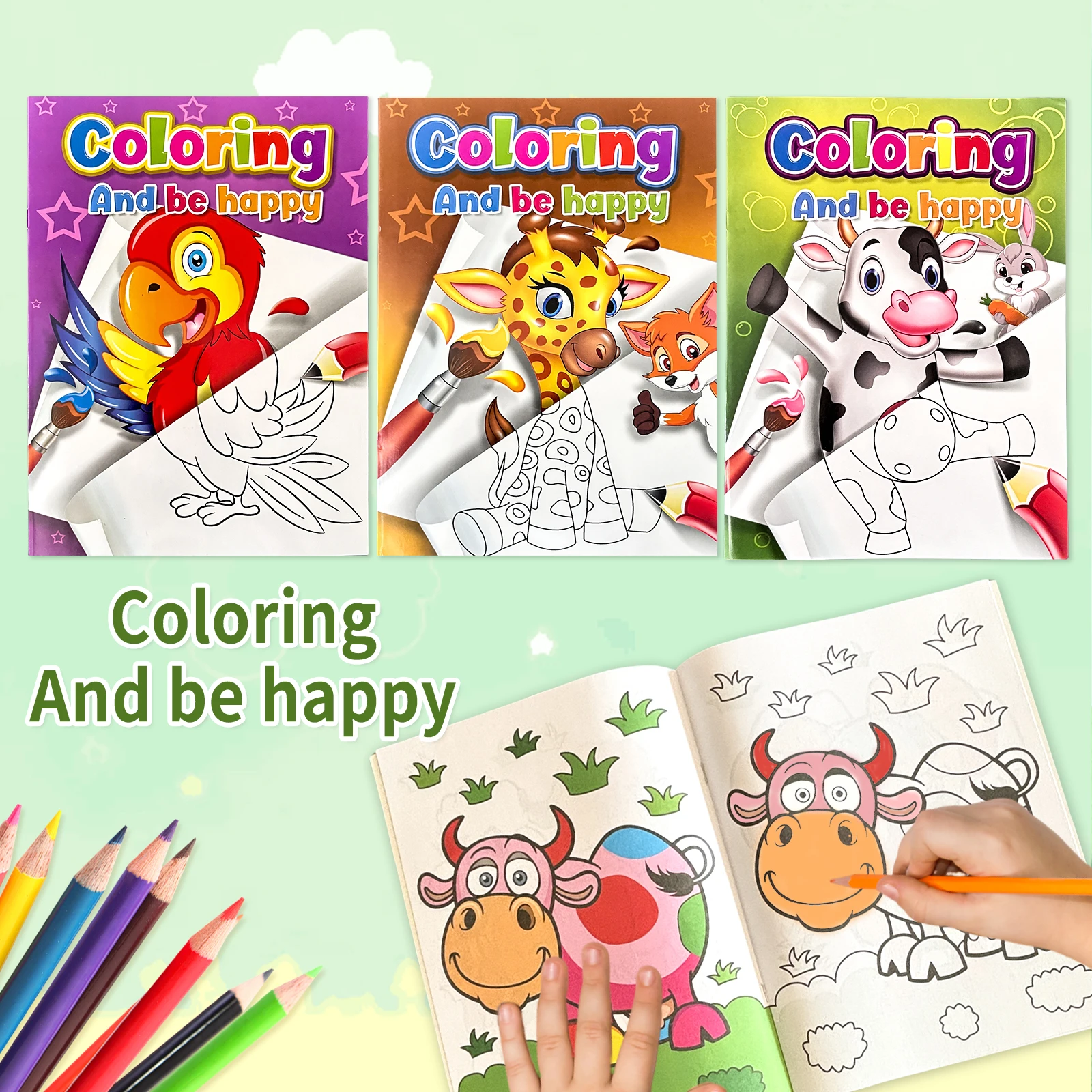 Children's coloring book set: Colorful animal patterns, learn while painting, happy growth