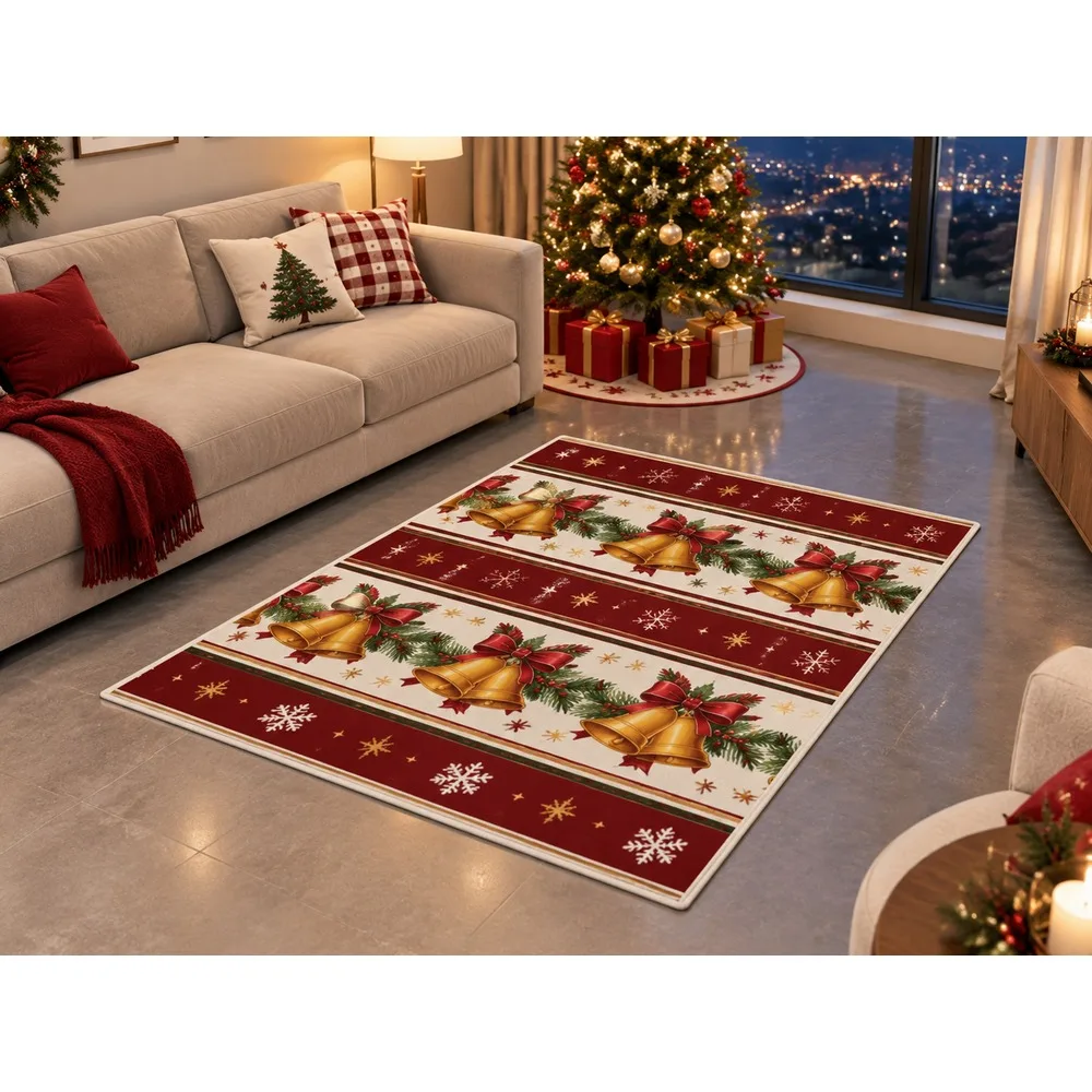 VIKAMA Christmas Wine Cream Bell Flannel Door Mat, Washable Quick Dry Xmas Mat, Christmas Decor for Laundry, Playroom