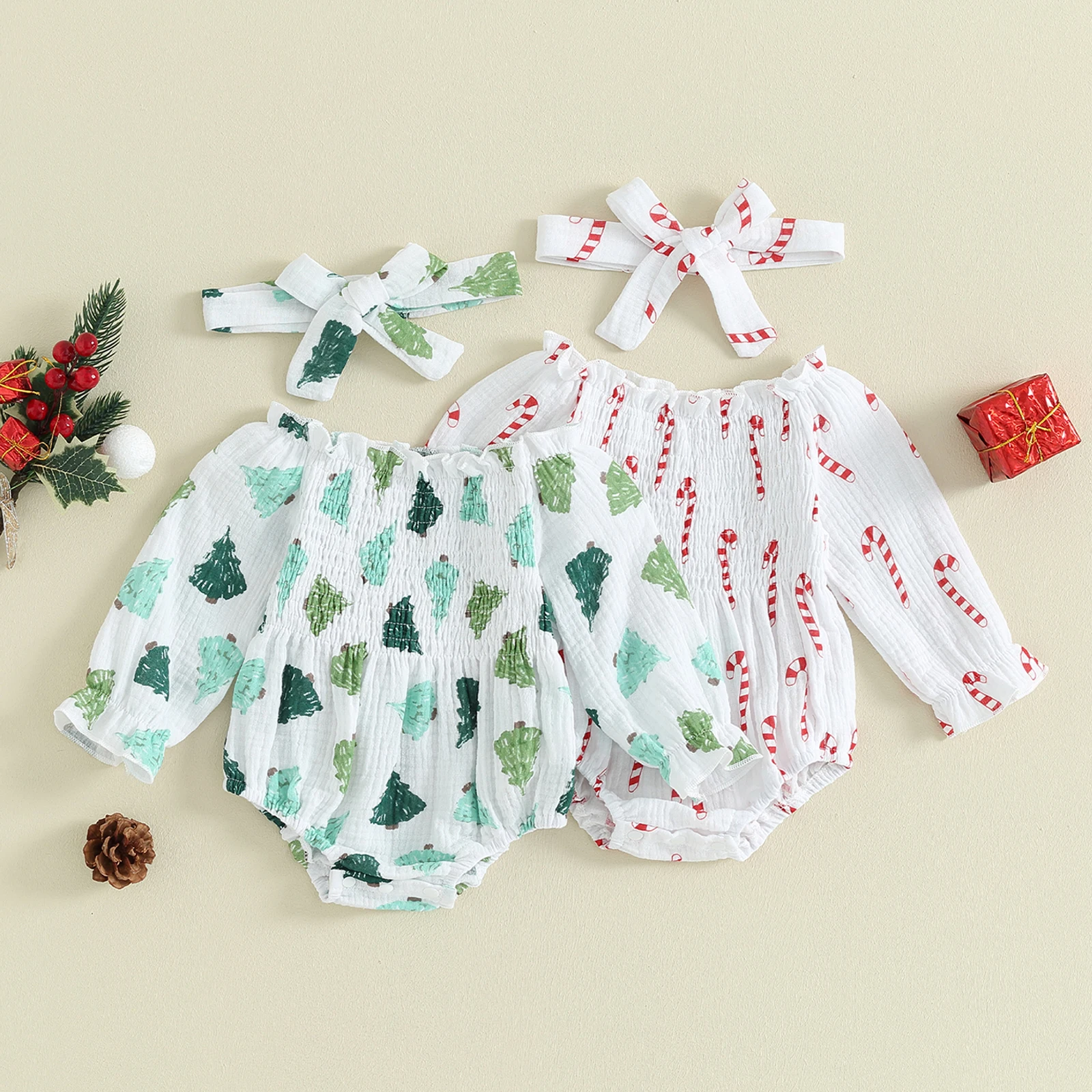 

Baby Girl 2Pcs Christmas Outfits Off Shoulder Long Sleeve Smocked Bodysuit with Headband Set Infant Clothes