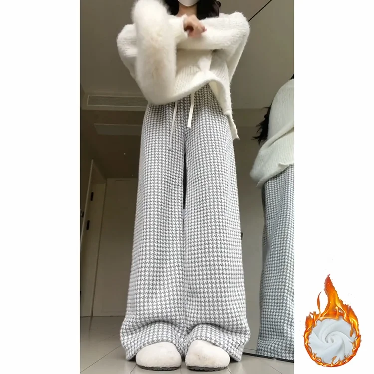 Cordeiro veludo xadrez calças casuais femininas outono inverno novo sle pequena fraança vento anti envelhecimento fce forrado thi quente reto...