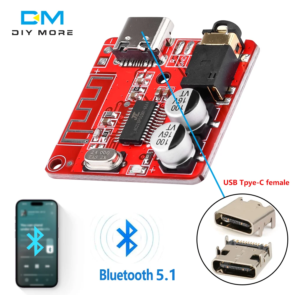 USB Type-c 3.7-5V Bluetooth 5.1 Audio Receiver Module MP3 Audio Decoding Lossless Decoder Wireless Stereo Music Board