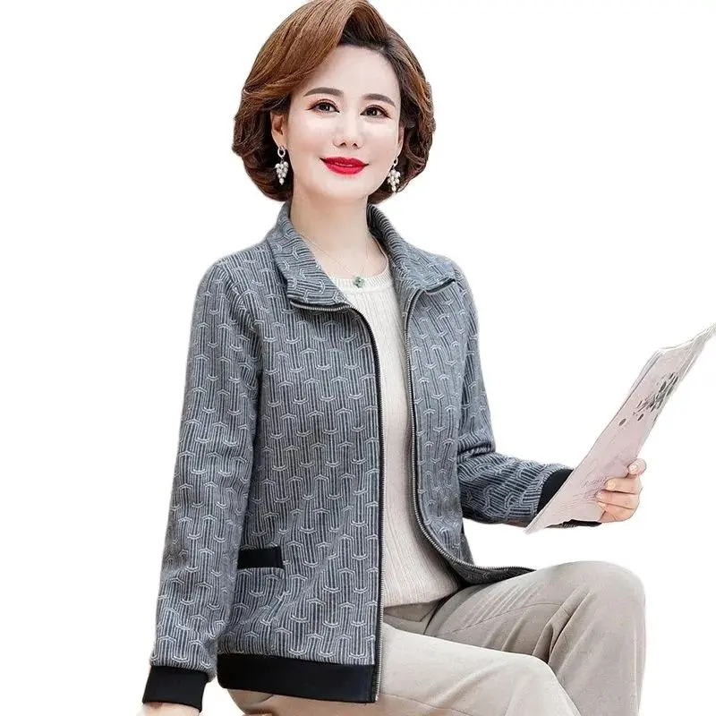 2022 Spring Autumn New Middle-Aged Elderly Mom Coat  Loose Lapel Zipper Fashion Jacket Women\'s Casual Long Sleeves Outerwear