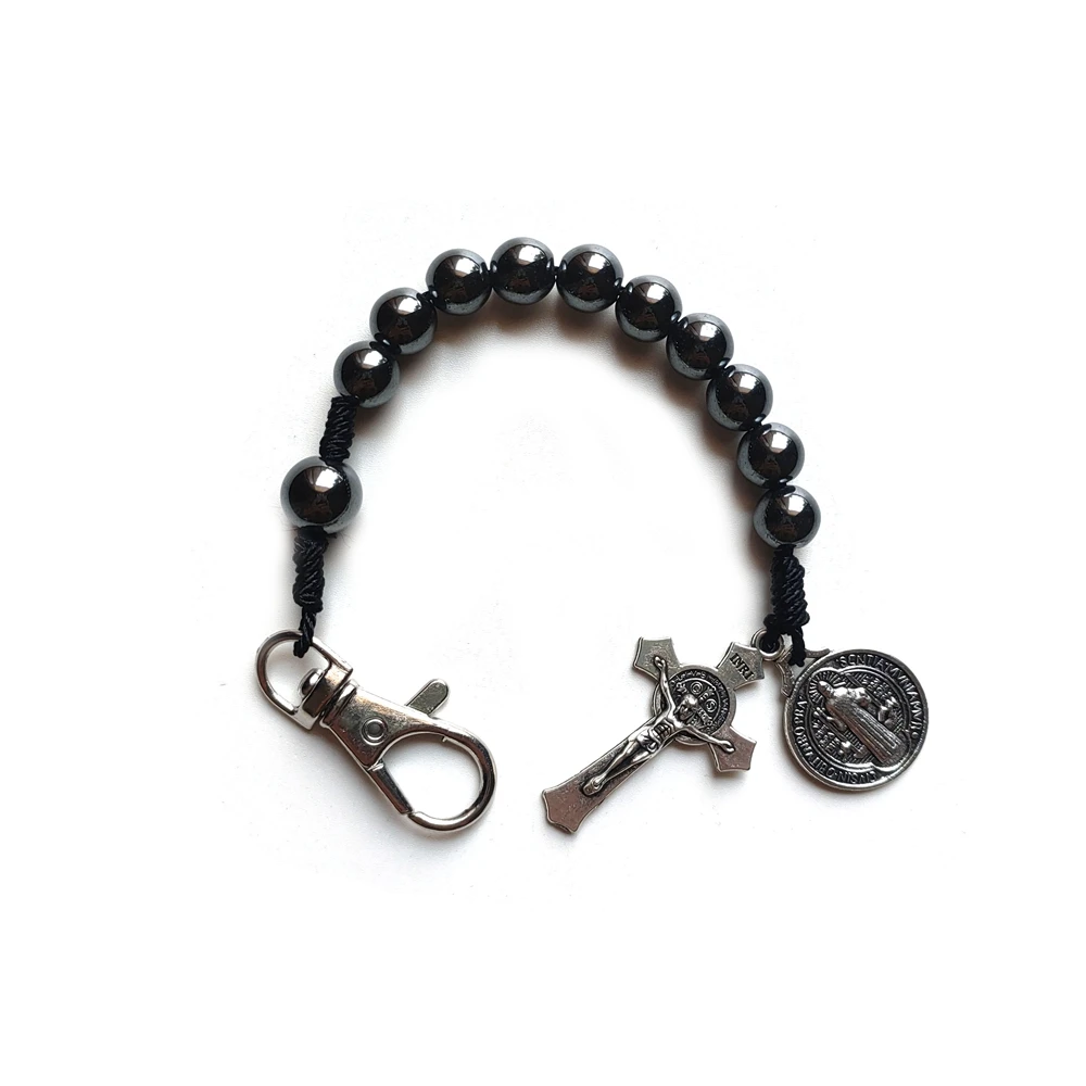 QIGO Hematite Beads Pocket Car Rosary Cross Saint Benedict Bracelets Religious Jewelry