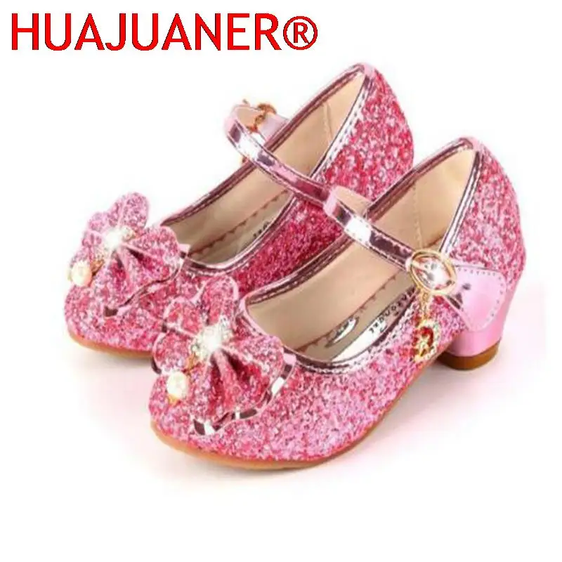 Princess Kids Leather Shoes For Girls Flower Casual Glitter Children High Heel Girls Shoes Butterfly Knot Blue Pink Silver