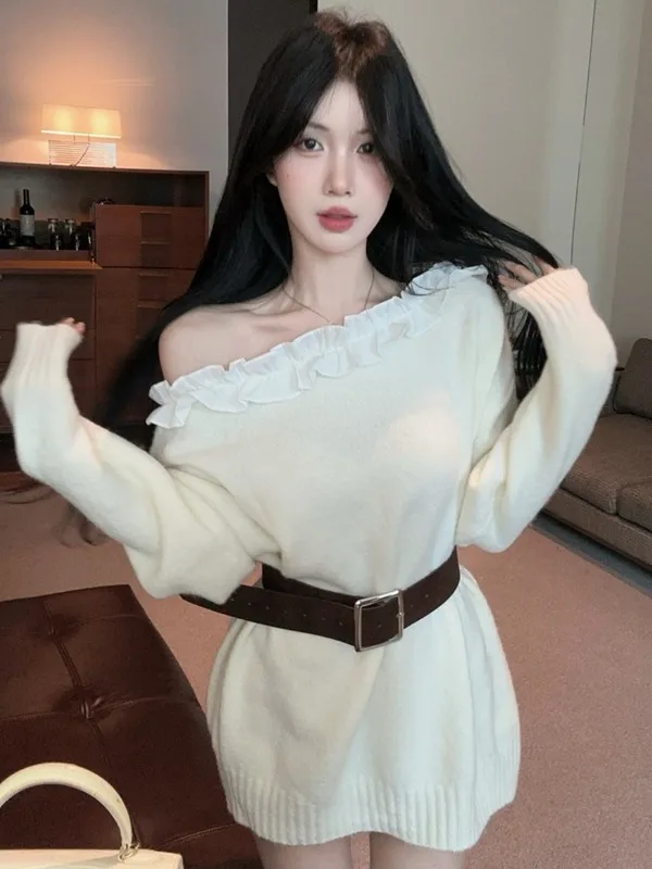 

Simple Knitted Dress Sexy Bodycon Asymmetrical Collar Lace Splicing Autumn Winter New Style Korean Style Commute Short Skirt