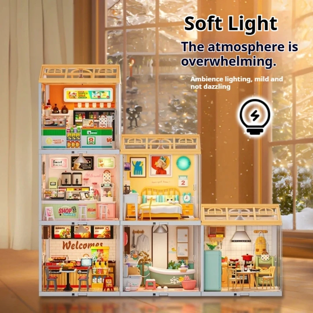 

Diy 3D Puzzle Home Gift Idea Model Supply Store Kit with LED Yum Yum Burger And Leisurely Cheers Bar And Sweet Sips Tea