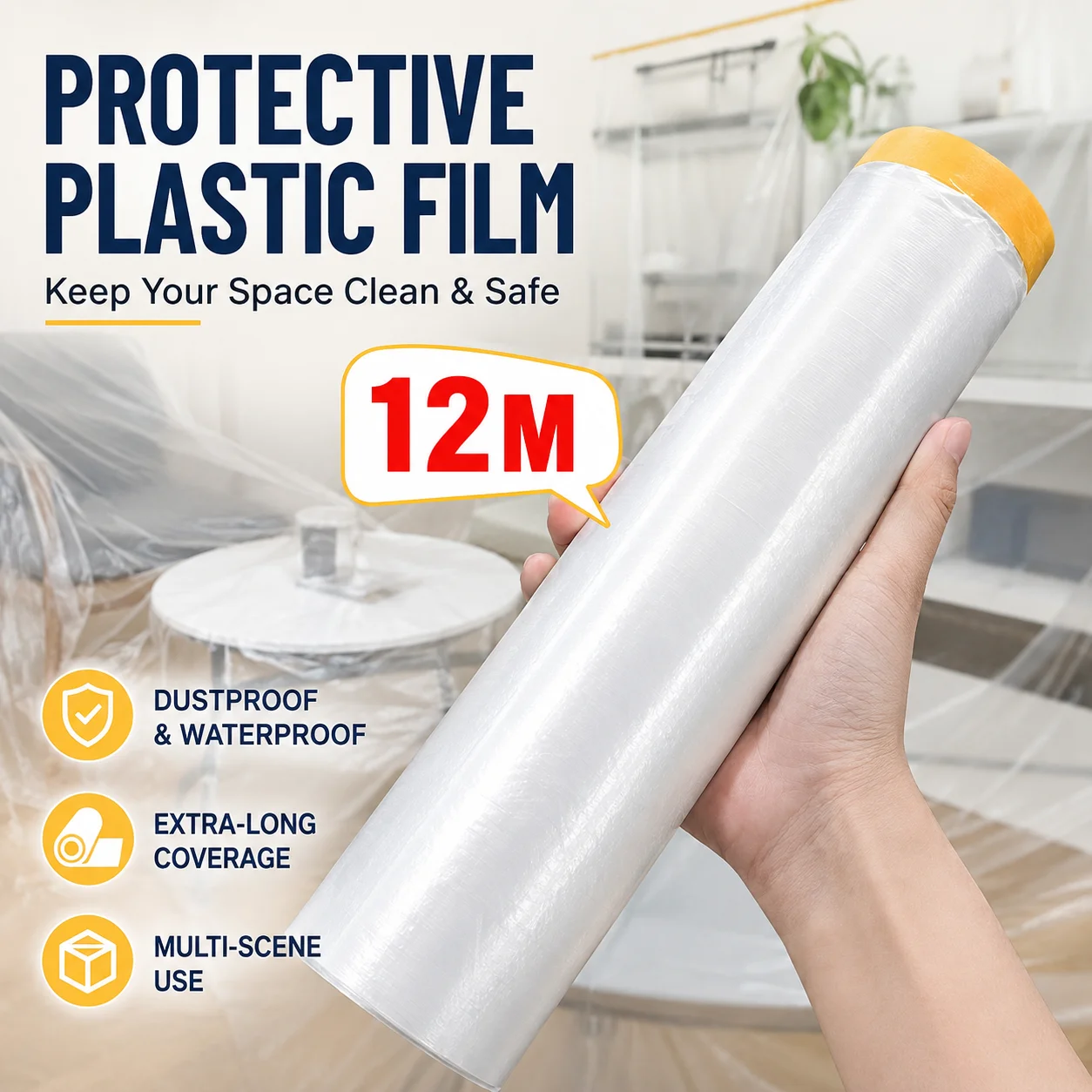 12M Furniture Dustproof Protection Film Self-Adhesive Plastic Masking Film Car Beauty Repair Masking Film Decor Wall Paint Cover