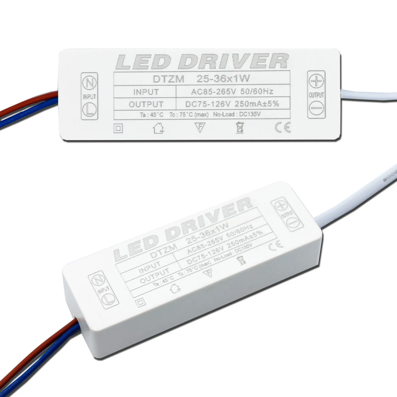 LED Power Supply Driver 25W 36W 250mA Lighting Transformers Output DC75-135V For LED Power Light Panel Light Tube Light DIY