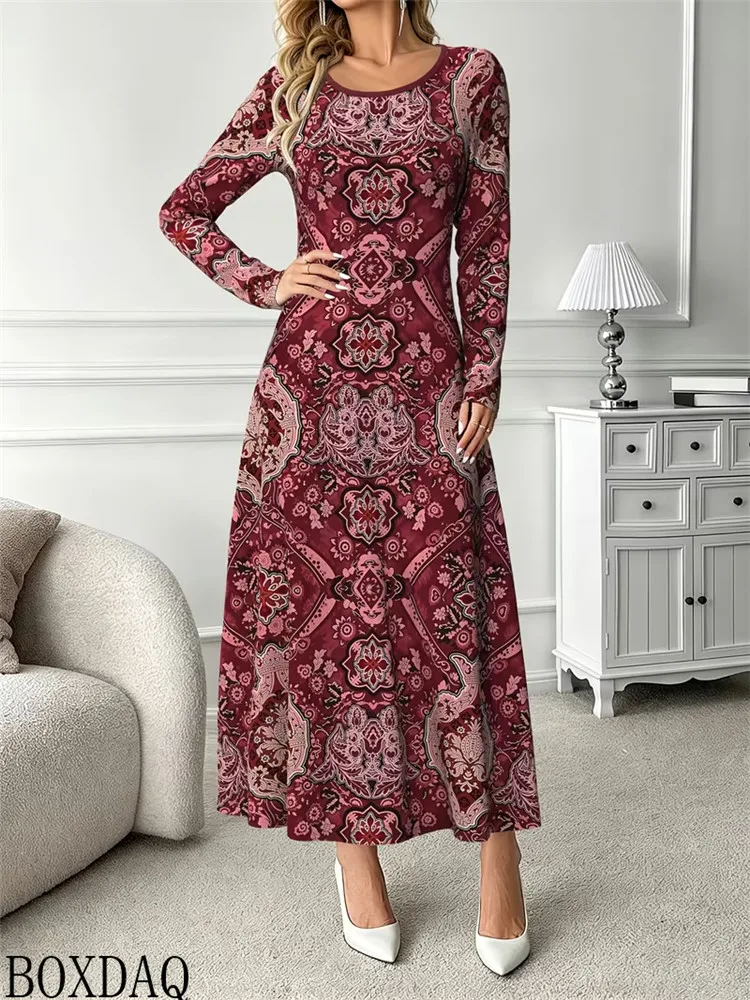 New Women Autumn Boho Maxi Dress Long Sleeve O Neck Vintage Ethnic Print A Line Elegant Casual Party Vacation Ladies Long Dress