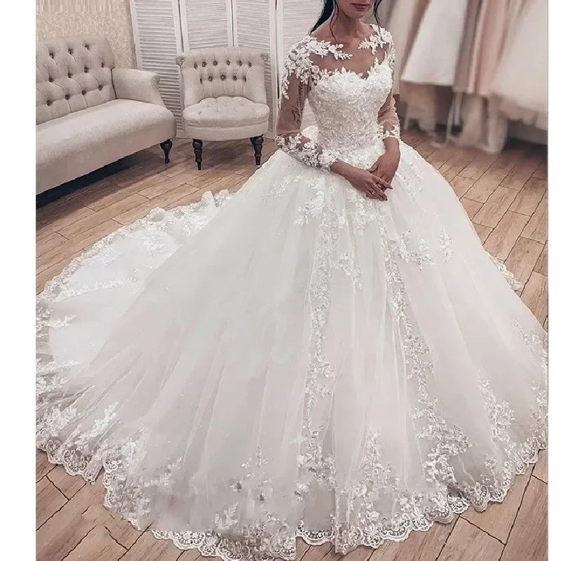 Princess Ball Gown Wedding Dress long sleeve bride dress o neck plus size robe de mariee Lace beading Wedding Bridal Gown