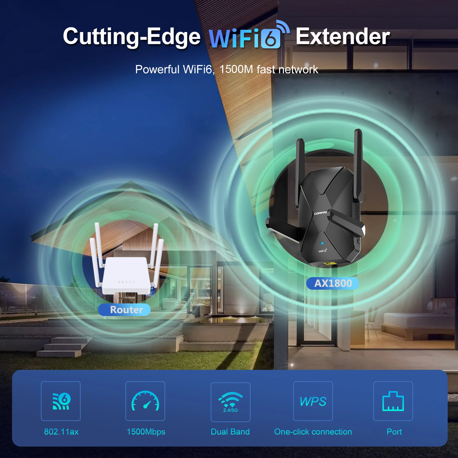 Wi-Fi 6 Range Extender AX1800 2G&5GHz Dual Band WIFI Repeater 4*2dBi antenna Gigabit WiFi 6 Long Distance Range Signal Expansion